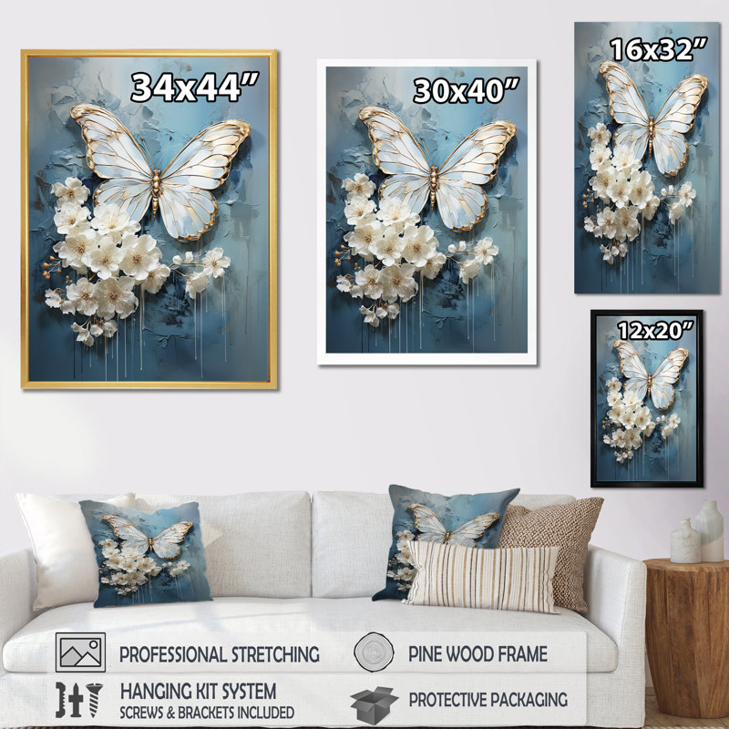 «Butterfly Ethereal Blues Form Abstract Elegance I», art mural papillon, Toile tendue, H 44 po x l 34 po x P 1,5 po