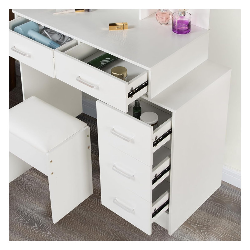 Coiffeuse de maquillage moderne blanche avec lumières DEL - Ensemble de coiffeuse réglable avec 5 tiroirs (2 verrouillables) et tabouret pour la chambre à coucher