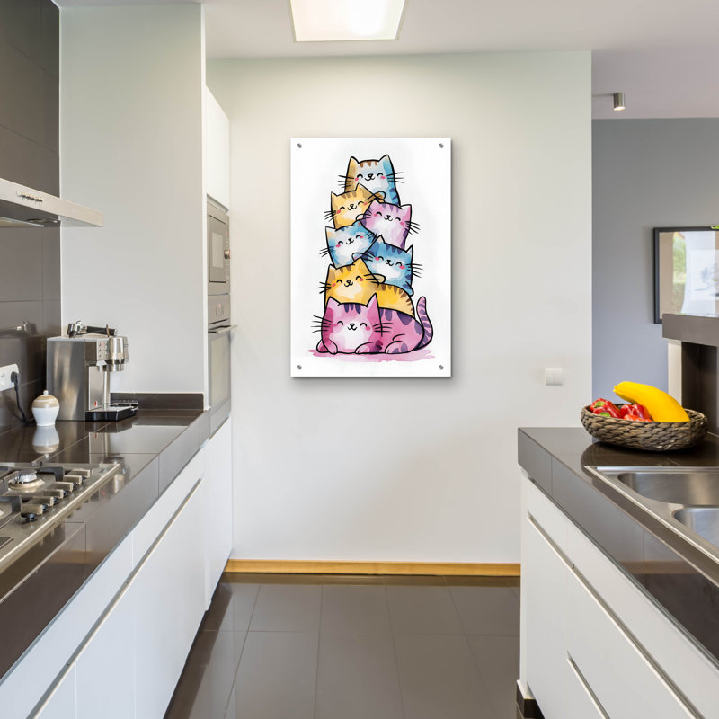 Art mural en verre épique «Happy Cats» par Andreas Magnusson, H 36 po x l 24 po x P 0,2 po