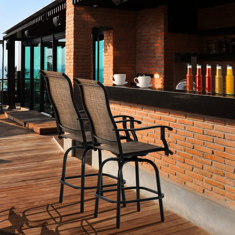 De 2 chaises de balcon pivotantes pour l'extérieur avec structure en acier brun pour la piscine, tabourets de bar avec accoudoirs pour la cour, patio, cour et piscine