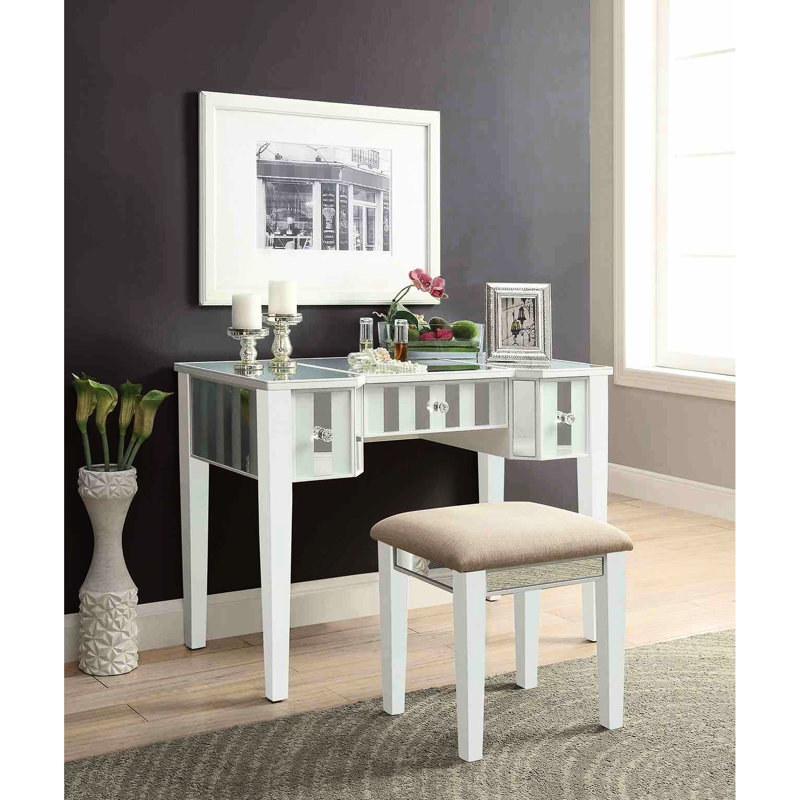 Tabouret de coiffeuse 1 pièce blanc transitionnel en bois massif avec 3 tiroirs de rangement et miroir central de 5 mm