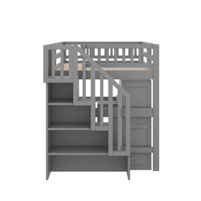 Loft Bed Featuring Integrated Staircase, Bookshelf, Drawers, Workspace Desk, And Wardrobe – All-In-One Solution, Gray, Full