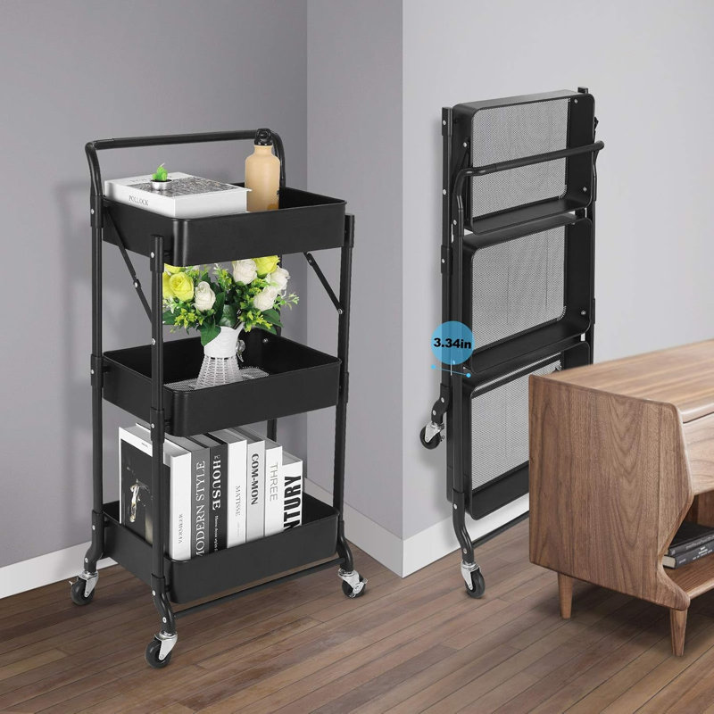 Foldable 3 Tier Rolling Cart, Black, 58.3" H x 17.7" W x 11" D