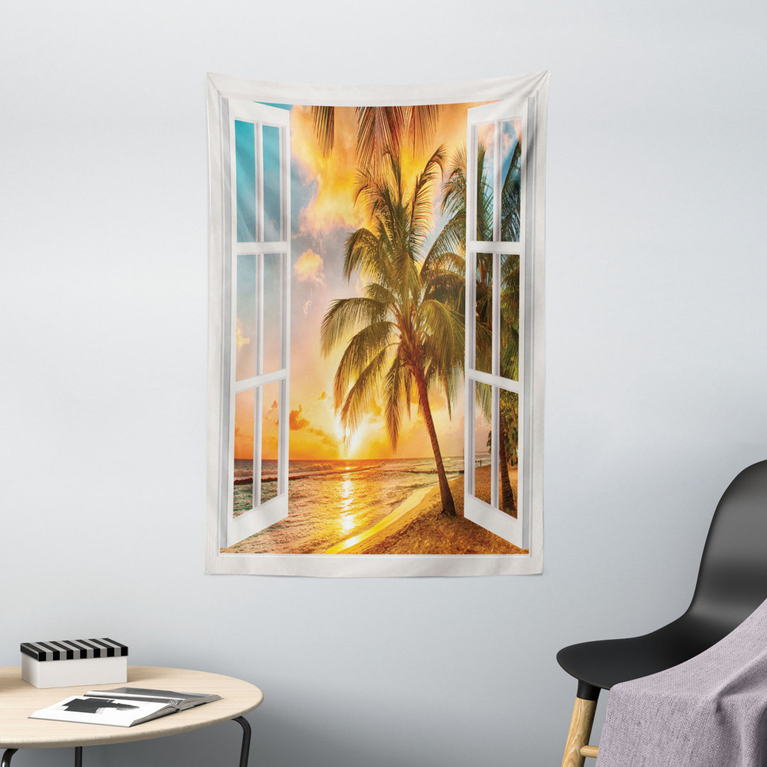 Wandbehang Meer Ozean Palme Sonnenuntergang Scenery Haus Holzfenster von Kunst