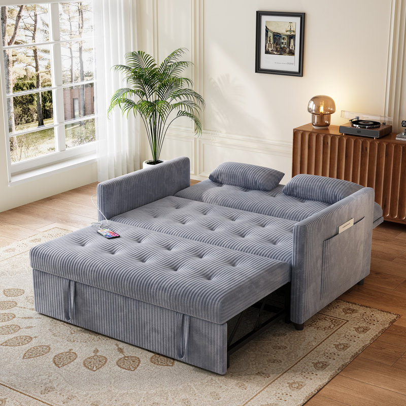 53" Corduroy Convertible Loveseat Sleeper Sofa with Pull-Out Bed, USB & Storage, Grey, Gray Corduroy
