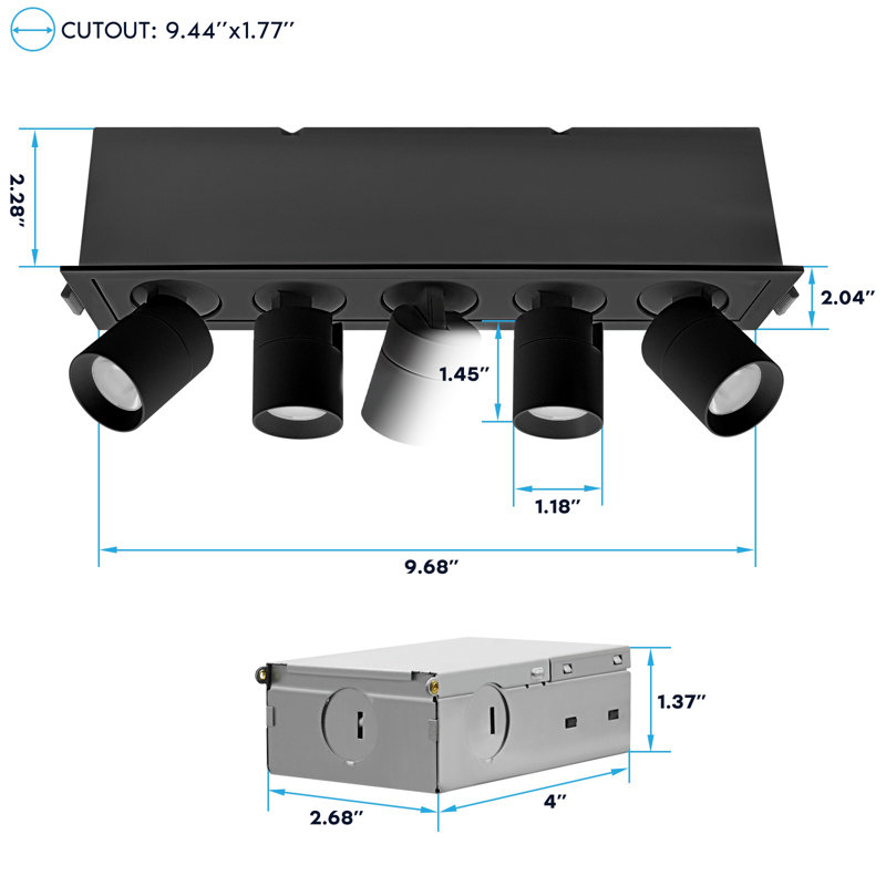 Projecteur encastré à 5 têtes DEL LUXRITE, 5CCT, CRI90, 15W, 1000LM, tête réglable à 355 ° et inclinaison à 80 °, à intensité variable, homologué IC, ETL, noir