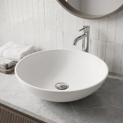 Lotus 16" L x 16" W x 5" H Matte White Handmade Round Vessel Bathroom Sink