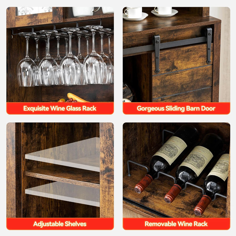 70'' Wine Bar Cabinet with Storage Hutch, Tall Coffee Bar Cabinet with Sliding Barn Doors, Bottle Glasses Rack, Farmhouse Coffee Bar for Home Dining Room