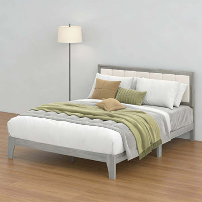 Nordic Platform Bed Frame with Upholstered Headboard and Wooden Slats