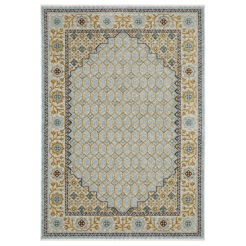Edner Traditional Mosaic Center Pale Blue/ Gold Area Rug, Rectangle 5'3" x 7'9"
