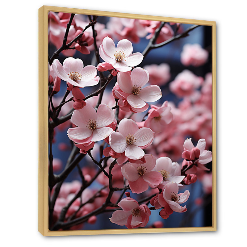 Champ de photo cornouiller rose et bleu I - impression, Cadre naturel flottant, H 32 po x l 16 po x P 1 po
