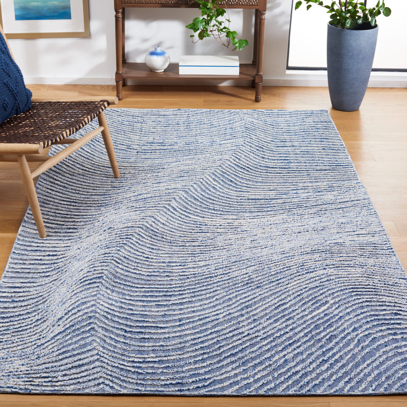 Aniessa Striped Hand Tufted Wool/Cotton Area Rug in White/Blue, Rectangle 5' x 8'