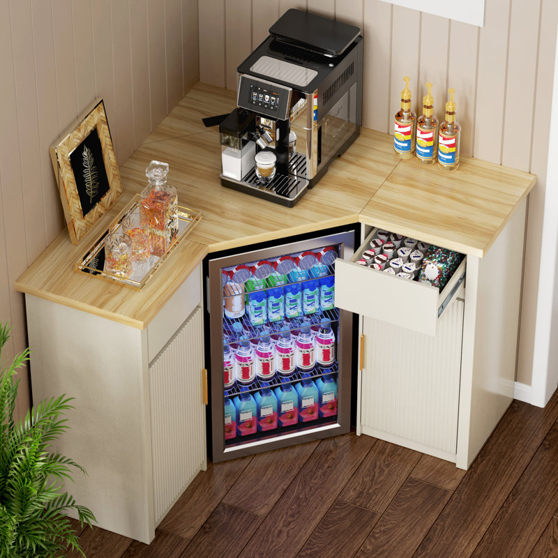 Corner Coffee Bar with Fridge Space, L Shaped Liquor Cabinet, Off-White, Ivory