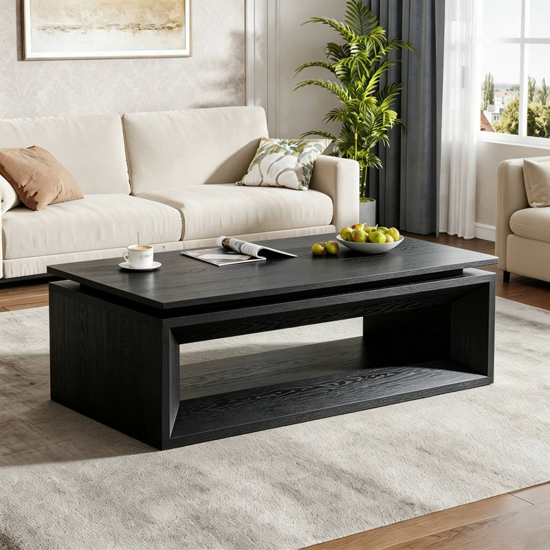 Table basse à plateau relevable 43,3 po en bois massif avec rangement caché, Noir