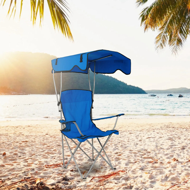 Chaise de plage pliante à baldaquin, chaise pliante d'extérieur de capacité avec porte-gobelet pare-soleil UV pour le camping