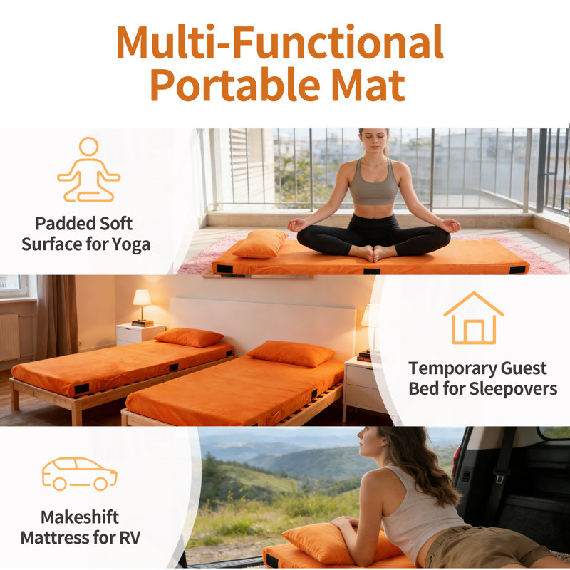 Tapis de camping orange en mousse viscoélastique, 3" H x 70.8" W x 23.6" D, Orange