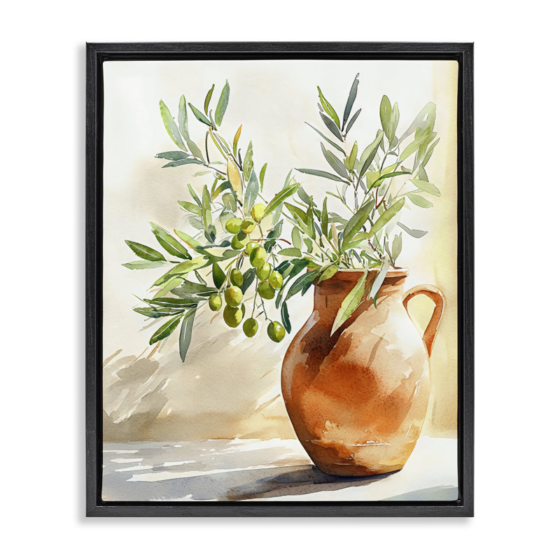 Branche d'olivier dans un cadre flottant en terre cuite, design par LSR Design Studio, 31 x 25, Jet Black Floater Framed