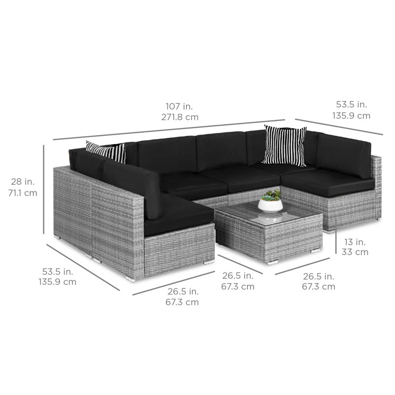 Gray and Navy 7-Piece Outdoor Wicker Sectional Set with Cushions
