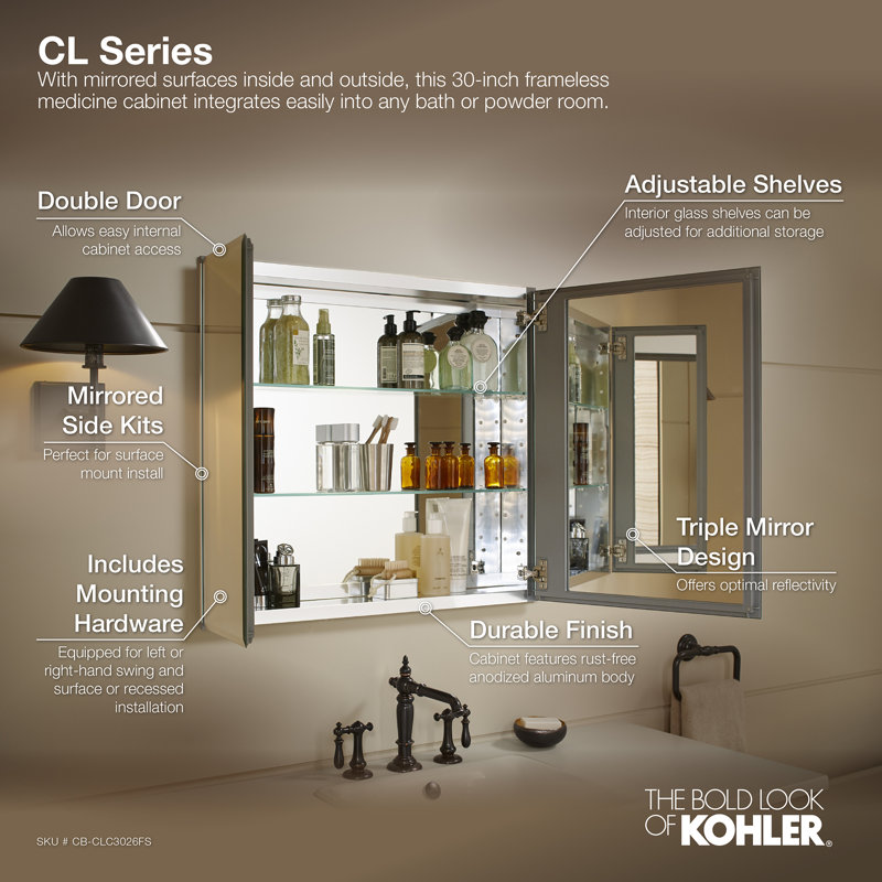 CLC Aluminum Two-Door Medicine Cabinet With Mirrored Doors, Beveled Edges, 26" H x 30" W x 5" D