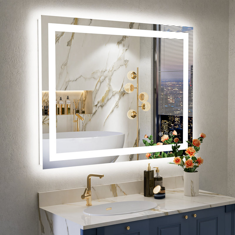 Akilan Frameless LED Vanity Mirror with Front-lit and Back-lit, Memory Function, 3 Color Temperatures & Dimmable Light, Anti-fog Tempered Glass ETL Mirror