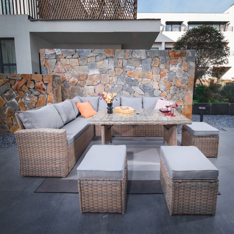 Biftu Wicker 9 - Person Garden Lounge Set with Cushions, Yes, Natural