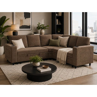 Veylora L-Shaped Sleeper Sectional Sofa with Pull-Out Bed, Hidden Storage Chaise, Built-In Cup Holders & Side Pockets, Modern Fabric Corner Couch for Living Room