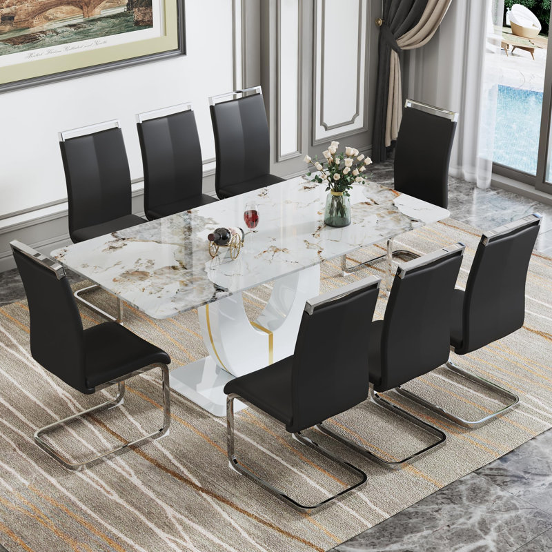 Ensemble de table de salle à manger 71 ", ensemble de table de salle à manger moderne avec base en U doré et chaises en similicuir