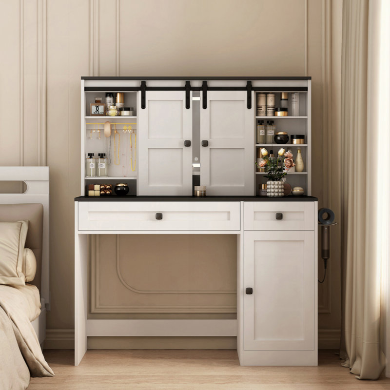 Table de maquillage Farmhouse, coiffeuse de 43 po de largeur avec miroir éclairé et tiroir de maquillage, grande coiffeuse moderne avec porte-séchoir pour chambre à coucher