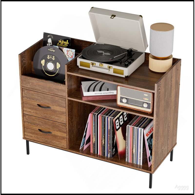 Support pour tourne-disque avec rangement pour plus de 500 albums, tablette et tiroirs de style Mid-Century moderne Console audio robuste en bois et métal pour le salon