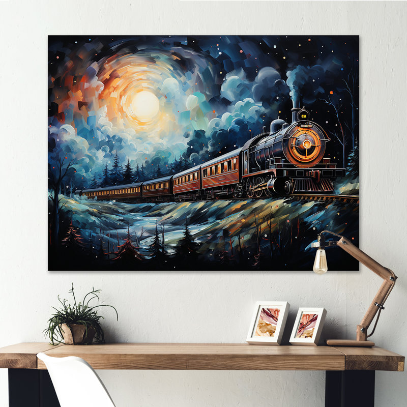 «Orange Moonlight Countryside Train Journey III» - art mural train, Toile tendue, H 24 po x l 32 po x P 1 po