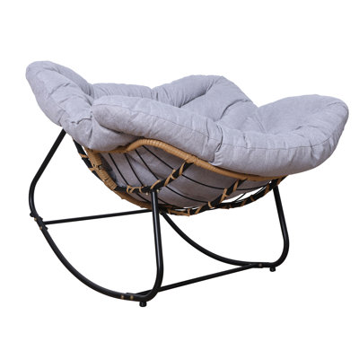 Chaise berçante d'extérieur en rotin, chaise de lecture confortable pour le patio avec coussin surdimensionné, fauteuil berçant inclinable large