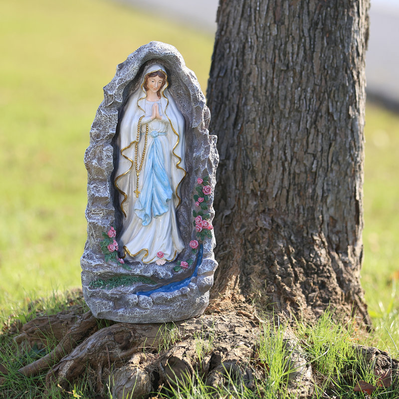 17,5 "Statue de Notre Dame de Lourdes, statue de jardin de la Vierge Marie Grotte, sculpture religieuse en résine peinte à la main pour patio, jardin, jardin et intérieur