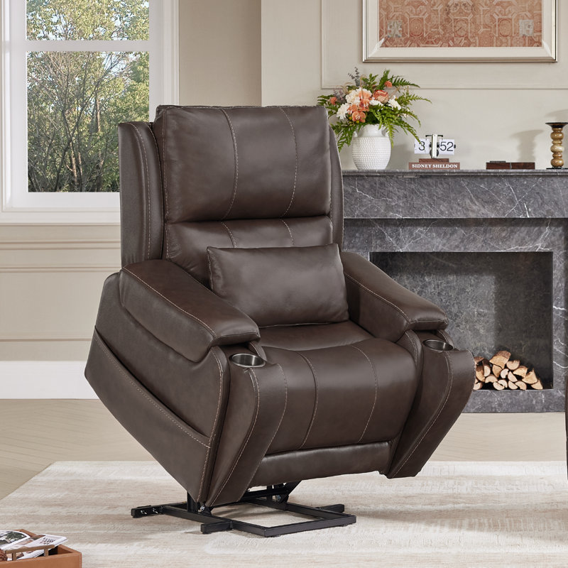 Genuine Leather Power Lift Recliner With Pocket And Lumbar Pillow, Brown