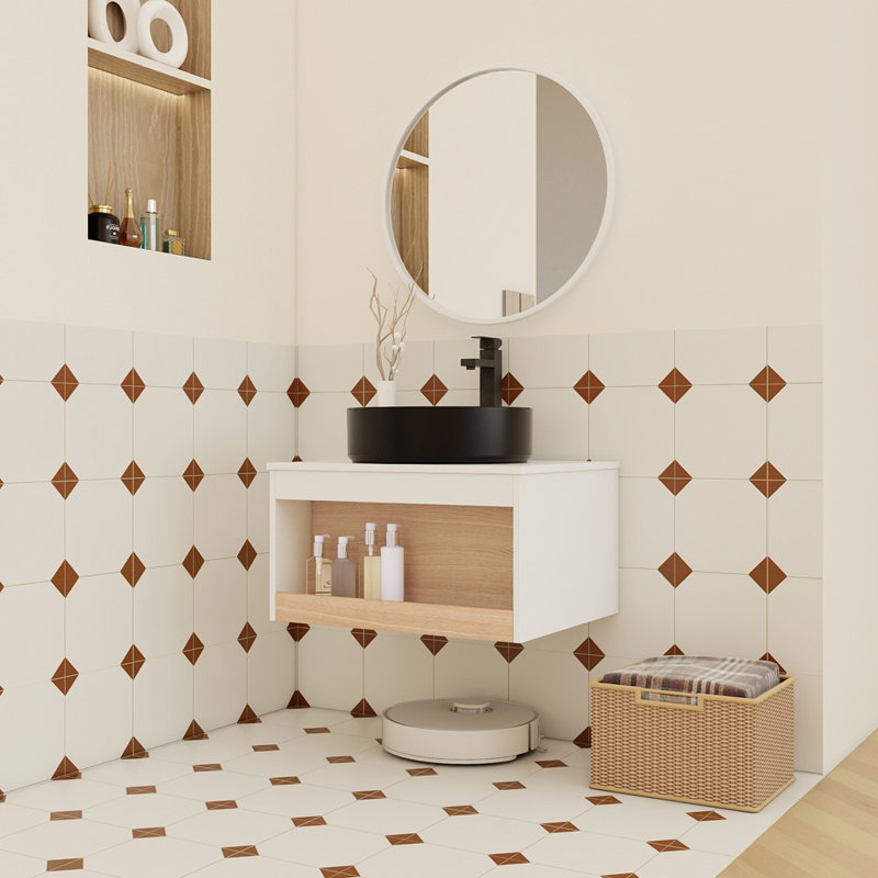 Meuble-lavabo flottant 24 po avec lavabo vasque rond noir mat, meuble-lavabo mural avec rangement ouvert, finition blanche avec comptoir durable, conception moderne peu encombrante (livré dans 2 boîtes)