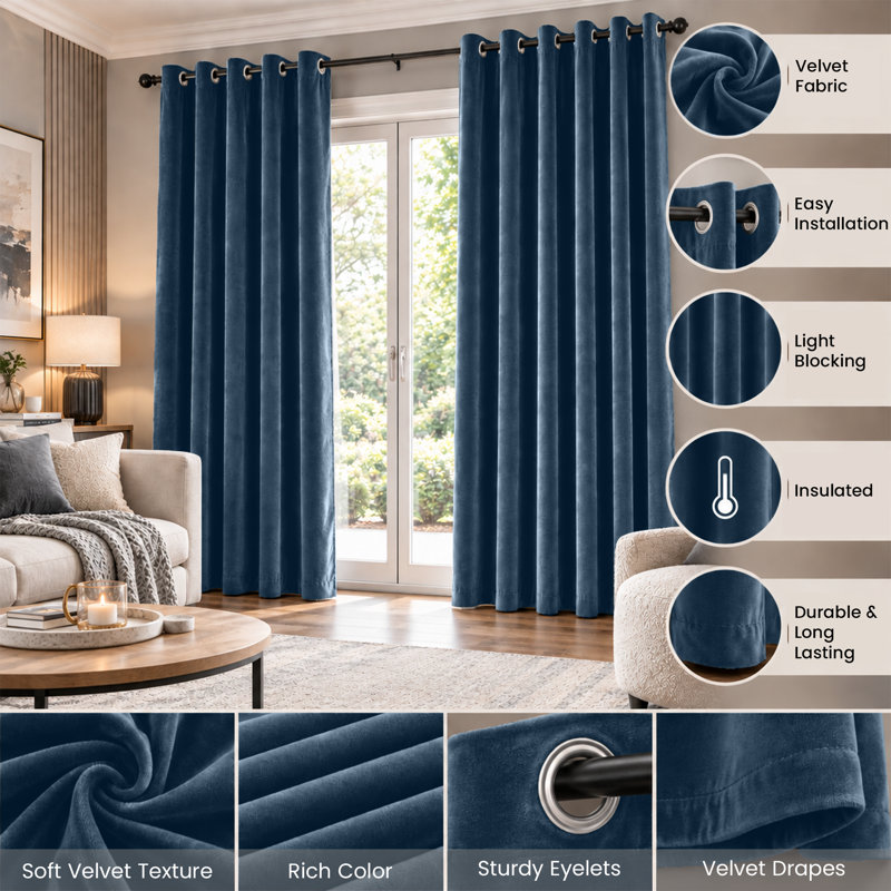 Crushed Velvet Eyelet Curtains – Soft Room Darkening Window Drapes, Navy, 168 × 213 cm (Single Panel)