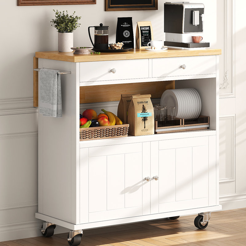 Îlot de cuisine roulant avec barre à déjeuner à abattants pliable, chariot de cuisine l 35,4 po avec armoire de rangement et 2 tiroirs, îlot de cuisine mobile avec porte-serviettes, roues verrouillables, blanc