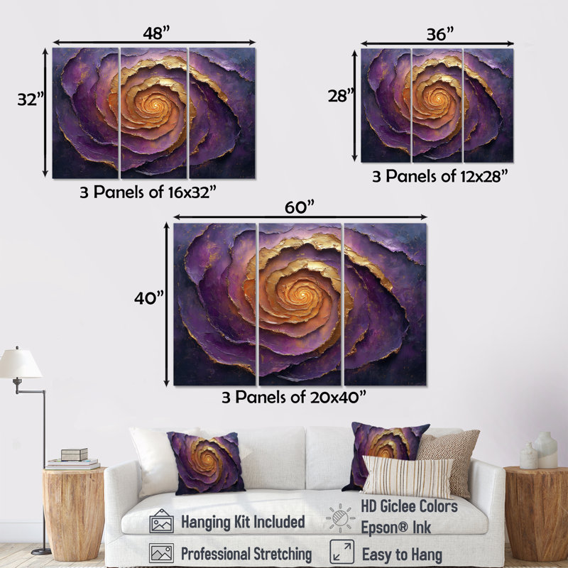 «Lavande fondue», ensemble de peintures murales abstraites en spirale, Toile tendue, H 28 po x l 36 po x P 1 po