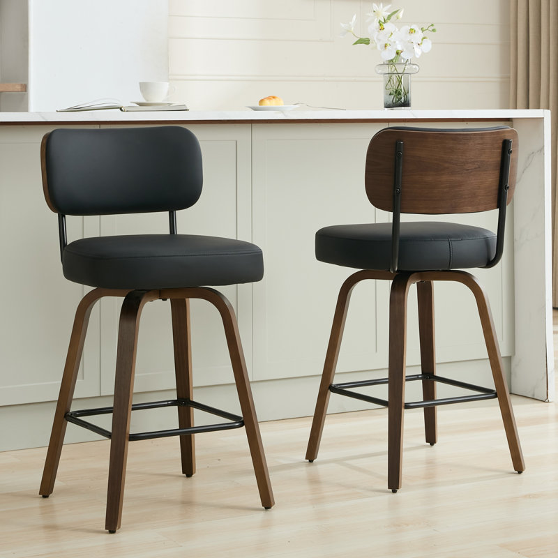 Tabouret de comptoir pivotant 26 po avec structure en bois courbé au fini noyer, Noir, 4