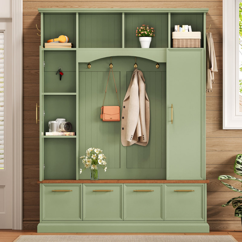 Hall Tree 59.03" Wide With Bench And Storage, Green