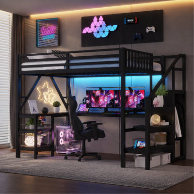 Lit mezzanine double en métal avec garde-robe et lumière DEL, lit mezzanine double avec bureau en forme de L et port USB pour enfants, adolescents, adultes, noir