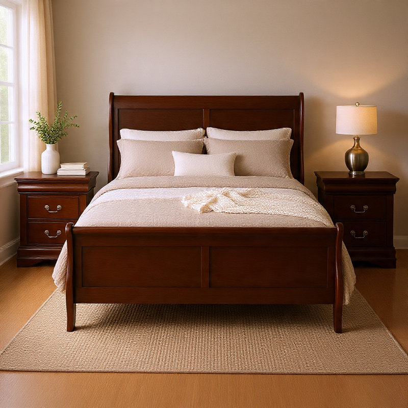 Ensemble de chambre à coucher grand lit, brun cerise, bois bronze, ensemble de 3 pièces avec 2 tables de chevet