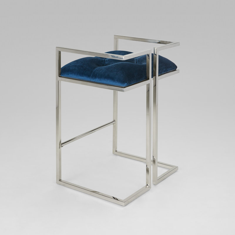 Upholstered Counter Stool with Metal Frame, Blue Velvet