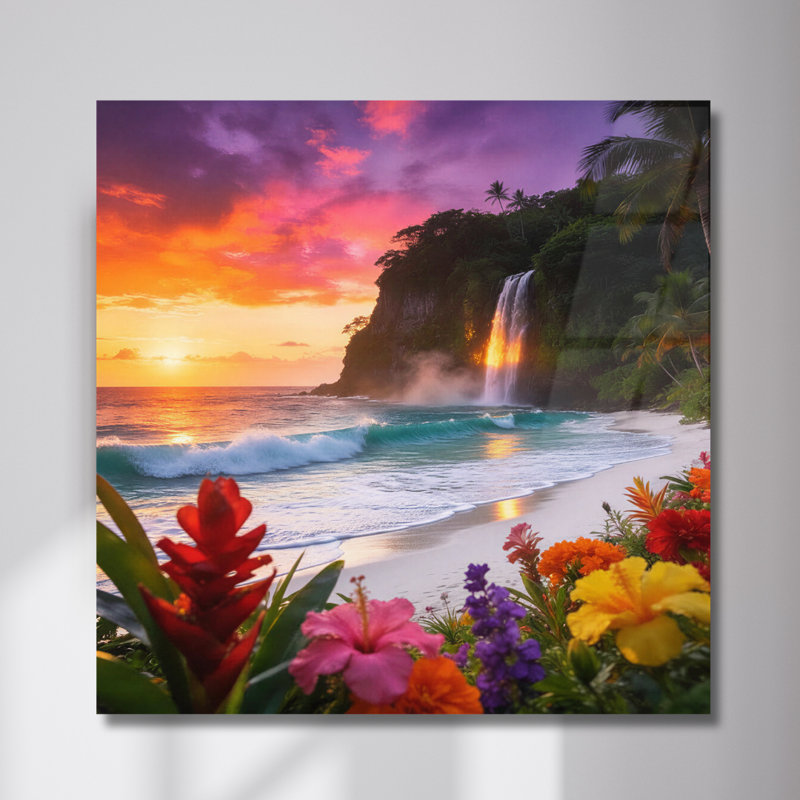 Art mural en verre trempé Tropical Beach Sunset, H 30 po x l 30 po