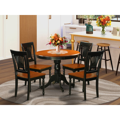 Ensemble de table et chaises de cuisine 5 pièces comprenant une table de salle à manger ronde avec piédestal et 4 chaises en bois massif, 36 po x 36 po, noir et cerisier