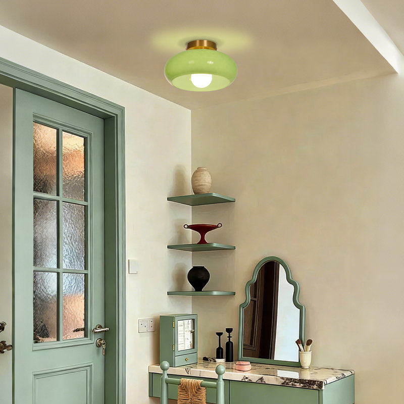 Modern Green Glass Flush Mount Ceiling Light with Gold Metal Base, 3.94" H x 11.02" W x 11.02" D