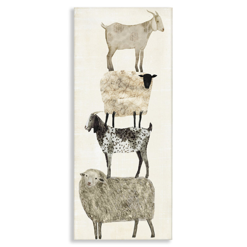 «Fun Stacked Sheep and Goats Farm Animals», impression, 24" H x 10" W, Giclée encadrée blanc bord de mer