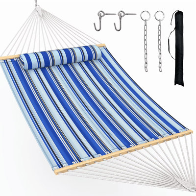 2 Person Cotton Rope Hammock with Removable Polyester Pad, 500LBS Capacity, Portable & Adjustable Design, Includes Storage Bag, Indoor Outdoor Use - Blue