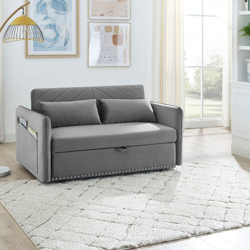 Indoor Contemporary Sofa Sleeper Sofa Bed With 2 Lumbar Pillows And Side Pocket For Home, Gray Velvet