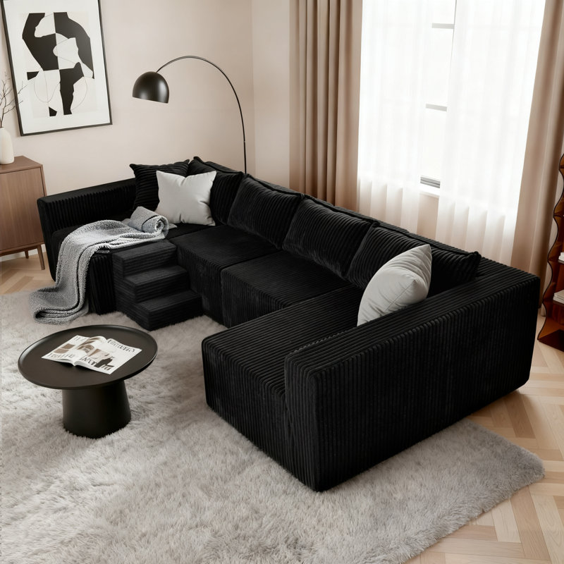 128in Sectional U-Shaped Modular Sofa Includes dog stairs, Black