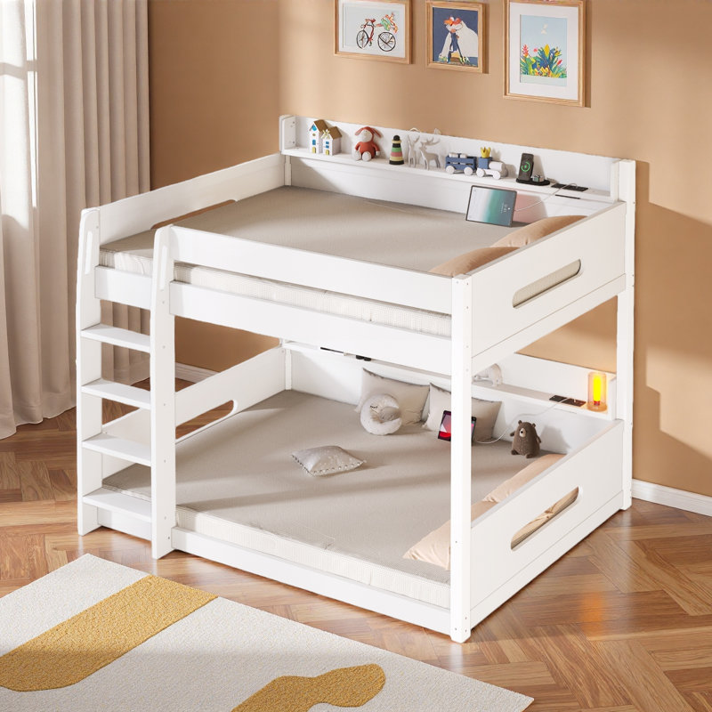 Lit superposé avec tablettes de rangement, ports USB et barrières de sécurité, Blanc